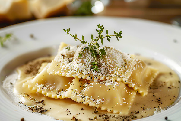 Ravioli di patate e timo su fonduta di Bella Lodi Riserva Bianca